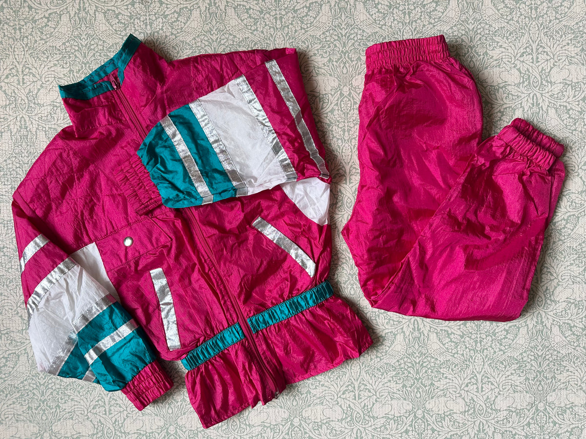 Vintage kids shell suit tracksuit zip up top and matching trousers in pink, white and green