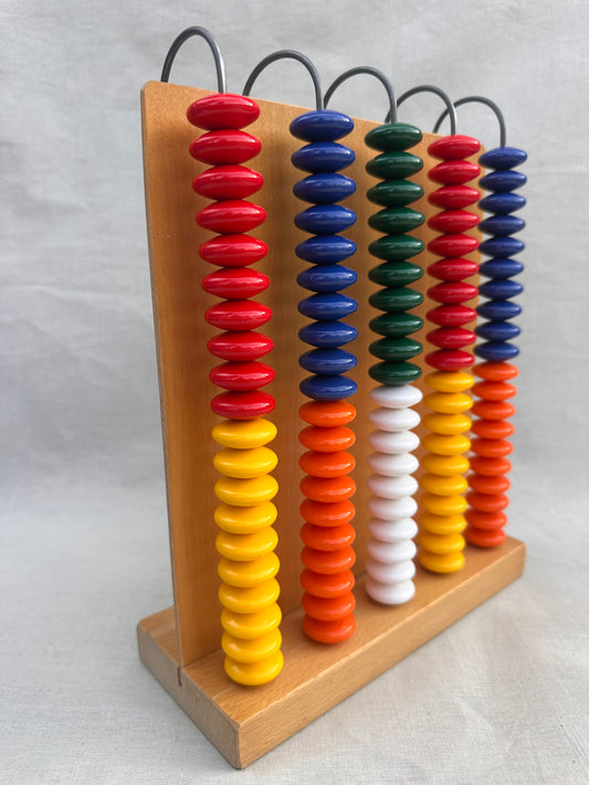 Vintage wooden abacus with yellow, green, orange, blue, yellow, white and red beads